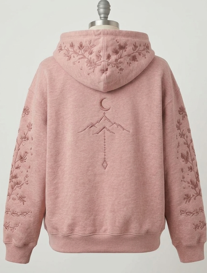 Botanical Bloom Embroidered Hoodie – Dusty Rose